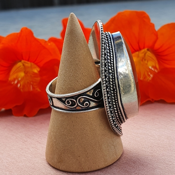 Sterling Silver Faceted Synthetic Carnelian Fancy Bollywood Bezel Set Ring - Picture 2 of 5